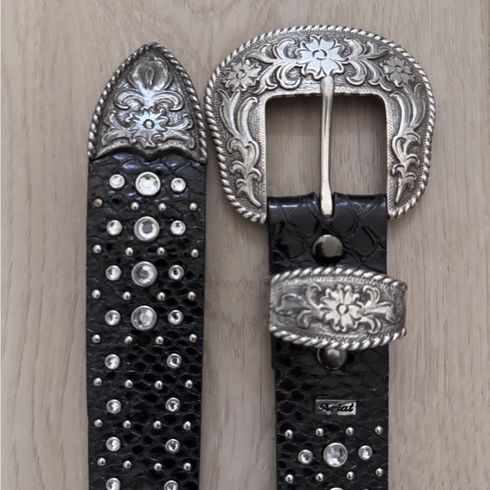 VTG 90s Ariat Rhinestone Studded Black Leather Belt - Picture 3 of 8